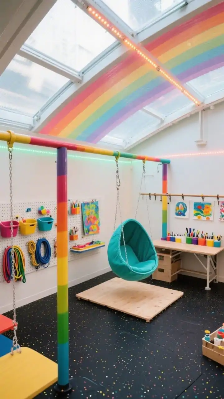 Overhead detail shot, Rainbow Makerspace Swing Studio: painted swing posts in a smooth gradient rainbow under a clear polycarbonate roof that diffuses bright natural light; speckled rubber play mat beneath; pegboard storage lined with colorful craft bins, jump ropes, and sidewalk paint; a platform swing, bright teal sensory cocoon swing, and a trapeze bar; clip-on art rail with drying paintings, washable paint caddies, and a fold-down workbench along the side; color-changing LED rope lights traced along the frame; vibrant, creative mood, photorealistic.
