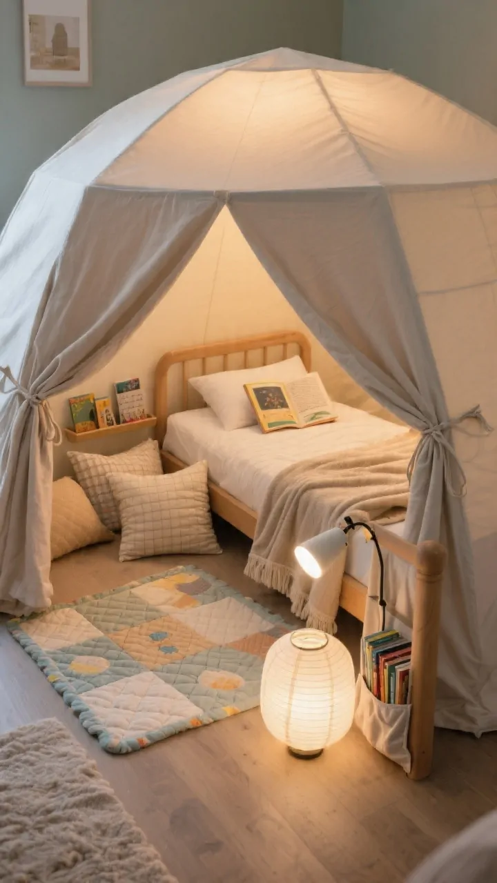 Overhead detail shot: The storytime dome setup canopy sides pulled back with soft fabric tie-backs, creating an inviting reading fort; inside, floor pillows, a quilted play mat, and a folded throw blanket at the foot; a clip-on book light attached to the bed frame and a simple paper lantern with a safe LED bulb nearby; a small fabric pocket organizer for books along the side; warm, cozy lighting focused on the reading area; photorealistic, no people.