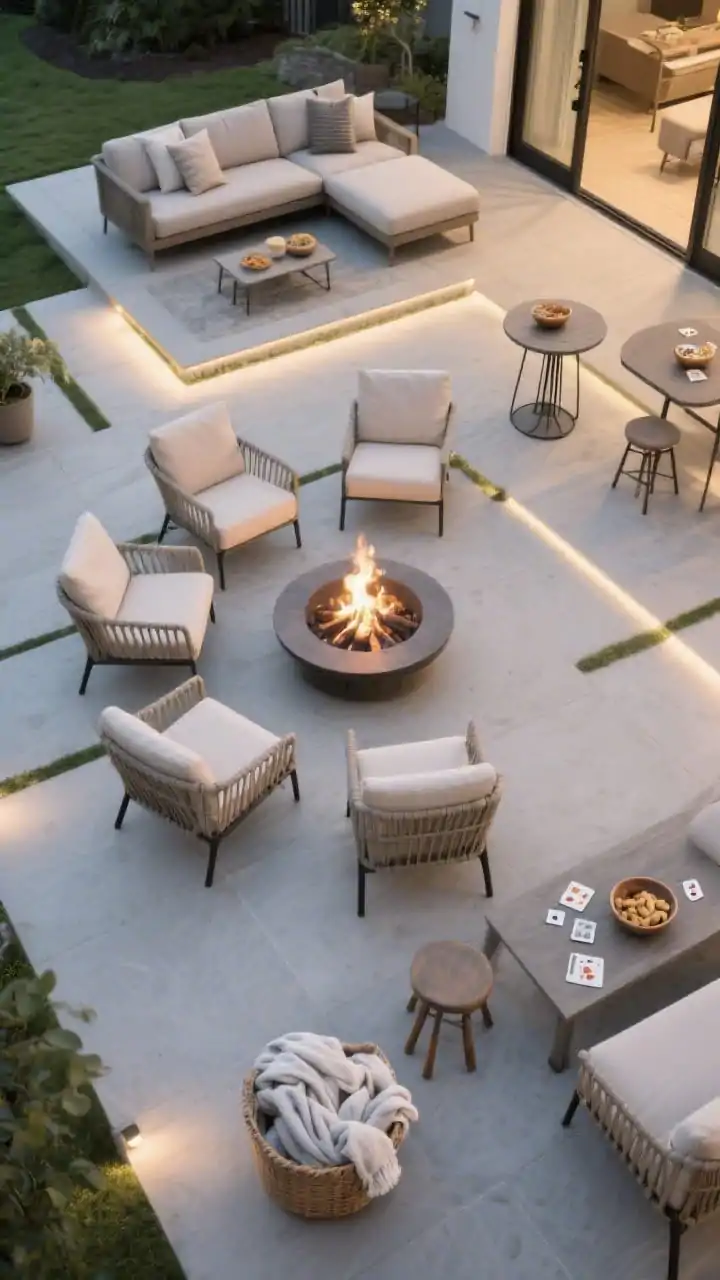 Overhead layout shot illustrating curated seating zones: a primary ring of 5 chairs evenly spaced with a clear 36–48 inch buffer around the fire pit; a secondary perch cozy loveseat a few steps back for quieter chats; a small bistro high-top table off to the side with cards and snack bowls; a couple of moveable stools positioned between zones; a basket of blankets within easy reach; breathable outdoor fabrics in neutral tones; clear pathways delineated on a large patio with subtle ground lighting; photorealistic, no people.