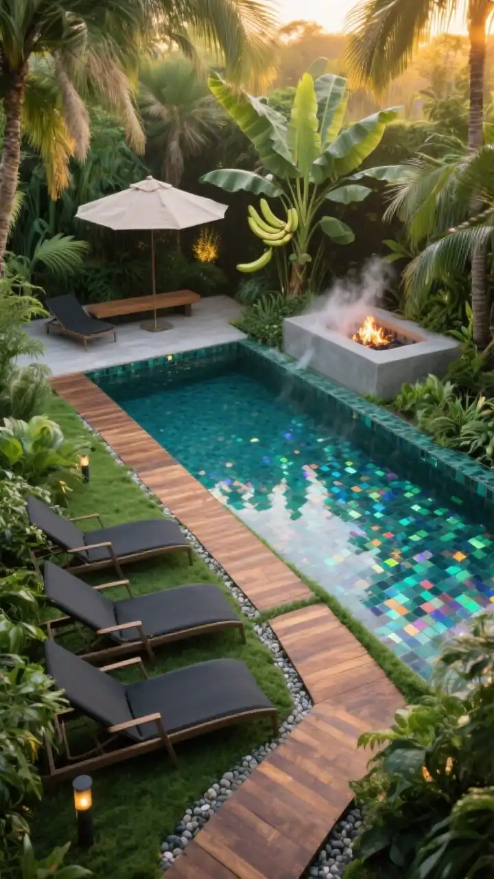 Overhead/oblique shot at golden hour: A lush jungle-modern pool finished in deep teal with iridescent mosaic tile shifting colors. Narrow ipe wood paths “float” over dense groundcover, connecting to hidden nooks and a sunken fire pit. Layered palms foxtail for texture, areca for privacy, big-leaf banana plants for drama surround the scene. A cluster of charcoal sling loungers sits under a wide linen umbrella; a concrete bench tucks into greenery. Include subtle mist sprayers adding humidity, pebble borders, and low path lights grazing foliage. Palette: charcoal, deep teal, walnut wood, emerald greens. Photorealistic.