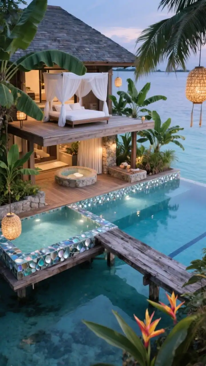 Overhead/oblique wide shot, photorealistic: An island villa escape with multi-level weathered teak decks hovering just above water, creating an overwater bungalow feel. The pool splits into a serene reflecting lap lane and a sheltered soaking cove, linked by a timber bridge. A stone-clad spa nook features a curtain of water. An outdoor canopy bed dressed in gauzy white sits on an upper deck. Waterline tile shimmers with abalone shell mosaic for a pearly sheen. Lush plantings of banana leaf and ginger lilies surround the scene, with woven pendant lanterns swaying and glowing in the evening breeze. Color mood: soft lagoon blues, weathered wood, pearl accents. Lighting: warm, intimate twilight.