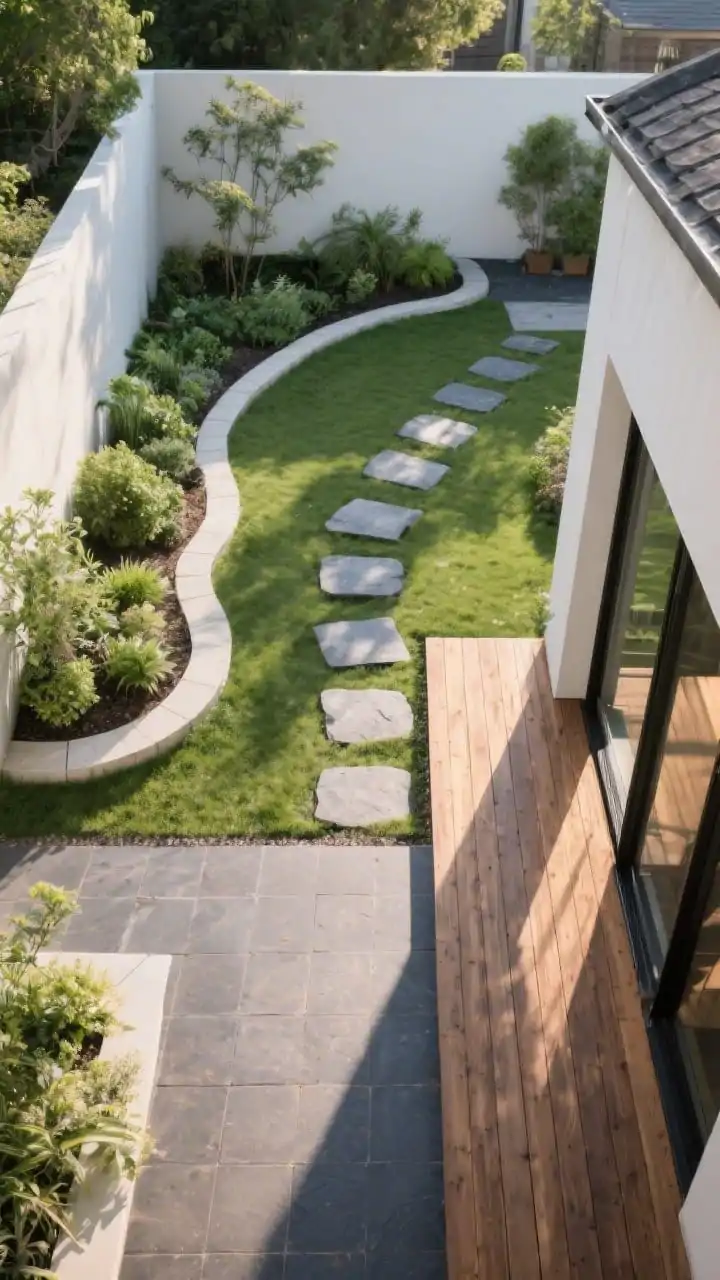 Overhead/oblique wide shot showcasing curves and diagonals: a small garden with a gently curved planting bed softening corners, stepping stones staggered across a compact lawn guiding movement, and deck boards laid at a 45-degree diagonal visually widening a narrow patio; consistent geometry with the diagonal as the hero move; muted materials warm wood deck, charcoal pavers, and lush green planting; late afternoon light casting elongated shadows that emphasize the lines, clean modern mood