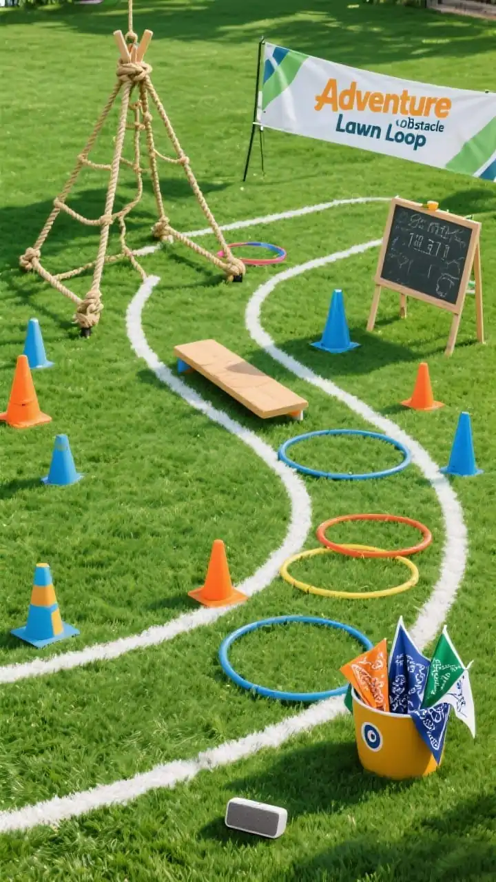 Overhead, partial-lawn view of an “Adventure Obstacle Lawn Loop”: fresh green turf loop marked with crisp white lane lines; a rope-climb A-frame at one anchor point, a wobble plank mid-course, and colorful agility hoops staked into the grass; a start banner and timing cones; a small chalkboard scoreboard propped near the loop; bin of bandanas as team flags and a compact Bluetooth speaker on the grass; palette of green, white, cobalt, sunny orange; clear, energetic daylight with sharp shadows, no people, photorealistic.