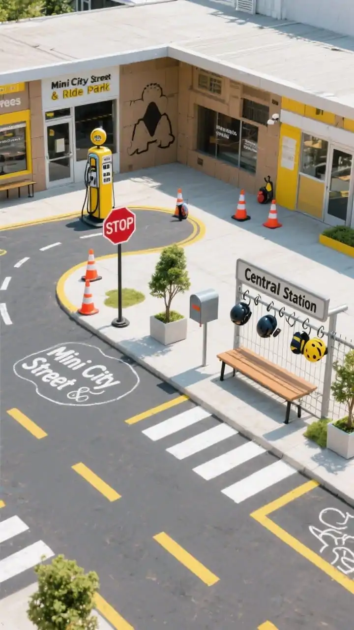 Overhead, semi-wide patio shot of a “Mini City Street & Ride Park”: asphalt-gray slab painted with crisp lane lines, crosswalks, and parking spots in white and yellow; chalk-drawn roundabout; cardboard storefront facades and a gas pump cutout beside a tidy scooter rack; a small bench stop labeled “Central Station”; traffic cone set forming a mini course; industrial hooks on a fence holding helmets and knee pads; planter “trees” and a mini mailbox; palette of gray, yellow, white, stop-sign red; bright daytime light, clean urban-play vibe, no people, photorealistic.