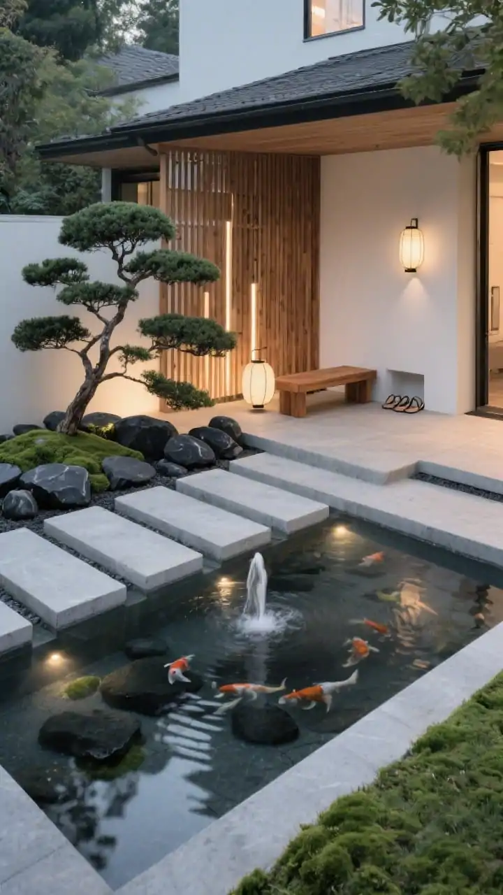 Overhead, serene composition highlighting geometry and water: a shallow koi-style wading pool spans the front yard with floating concrete steps guiding to the entry. Clusters of black river stones, sculpted Japanese maples, and a backlit slatted cedar screen form a refined backdrop. A gentle blade fountain introduces movement; subtle underwater lights graze the steps at dusk. Include a low teak bench, a single paper lantern-style sconce, and a compact niche for sandals. Palette: slate, cedar, moss, warm white. Vibe: meditative, gallery-quiet, refined. Photorealistic, no people.
