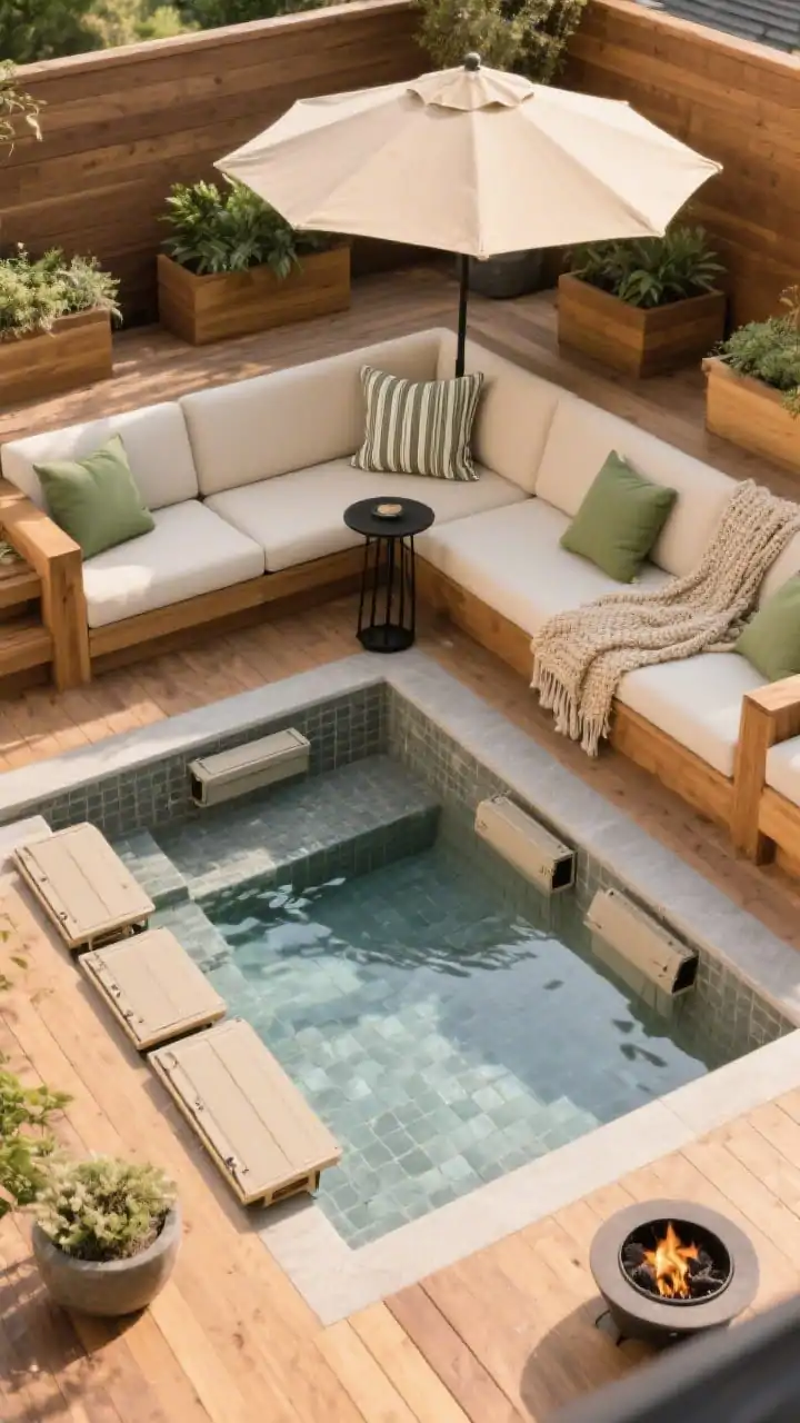 Overhead shot, sunken deck spa-pool in a multi-level ipe deck: a compact spa-pool dropped into the decking, interior finished in stone-gray glass tile for a serene tone. An integrated U-shaped bench wraps the pool with lift-up lids for hidden storage; oatmeal cushions and olive-green accents on the seating, striped lumbar pillows and a woven throw neatly arranged. Built-in planters punctuate corners; a slim cantilever umbrella in sand provides shade. A black metal side table set by the bench; a corner fire bowl opposite the pool suggesting hot/cool zones. Warm honey-toned wood throughout, balanced, tidy composition, afternoon light.