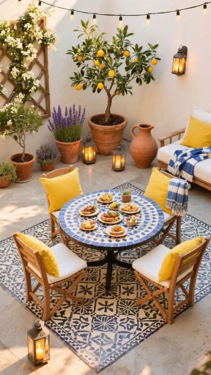 Overhead/three-quarter medium shot, sunny Mediterranean courtyard: a patterned outdoor tile rug or stenciled Moroccan motif on concrete; simple wood chairs with white cushions around a round mosaic-style table set for tapas; terracotta pots in varying heights with olive trees, lavender, and thyme; sunny yellow pillows with a blue-and-white throw; lanterns with warm LED candles and a string of café lights overhead; a potted citrus tree and trailing jasmine climbing a trellis; a simple clay water jug as a sculptural accent. Warm golden afternoon light, terra-cotta textures.
