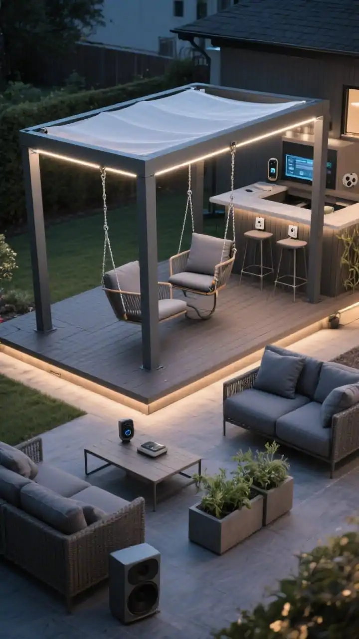 Overhead three-quarter shot of a tech-ready hangout: steel frame beneath a tensioned UV canopy with dimmable strip LEDs under the frame; rectangular platform swing for two and a comfort-grip belt swing above composite deck tiles. Side charging bar with surge-protected outdoor outlets and tidy cable covers; shade-rated hardware and anti-heat swing seats. Modular charcoal outdoor sofa with quick-dry cushions, low coffee table, planter boxes of herbs, and a weatherproof speaker. Evening lounge glow, modern, social hub atmosphere.