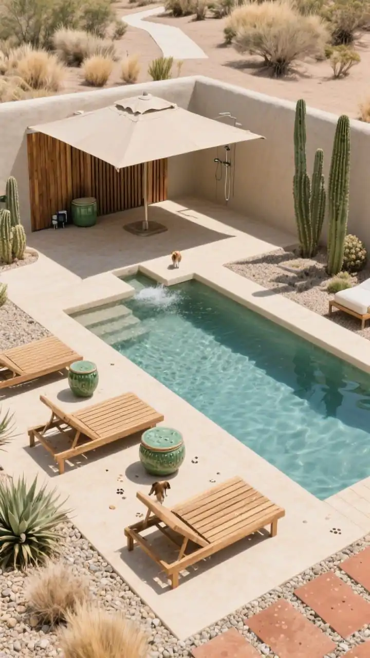 Overhead three-quarter view, desert chic oasis at midday with crisp shadows: sleek plaster-finish lap pool edged in sand-toned microtopping, flanked by earthy gravel beds in ecru, adobe, and rust tones with a pop of cactus green. Low teak loungers under a cantilever umbrella creating deep shade; ceramic drum tables between loungers showing faint water droplets from wet paws. A slatted cedar screen concealing pool equipment and backing a minimalist outdoor shower; a shallow splash rill adjacent to the deck where dogs can wade without entering the main pool. Barrel cactus and agave set back from paths, muhly grass nearer the lounging zone; serene, sculptural mood, photorealistic.