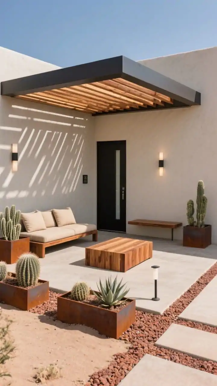 Overhead/three-quarter wide shot of a desert modern front patio with a thin-profile pergola and tight slatted wood overhead creating graphic shadows on a sand-toned concrete pad; low, angular acacia wood seating with oatmeal cushions; rectangular corten steel planters filled with architectural cacti, agave, and rust-colored gravel; palette of taupe, rust, charcoal, and bone white; discrete uplights in planters and a subtle wall washer by the door; slatted parcel bench and matte black door with a narrow sidelight; crisp sun-drenched mood, photorealistic.
