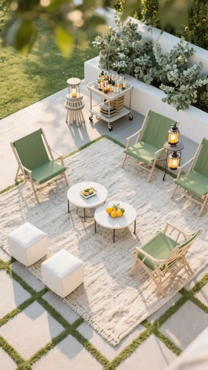 Overhead wide shot of a flexible entertaining grid on a large neutral outdoor rug: corners anchored with moveable cube ottomans and lightweight sling chairs; a pair of nesting coffee tables slightly separated to expand surface area; a rolling bar cart along one edge functioning as a side table with stackable stools tucked beneath; clip-on lanterns attached to chair backs for evening ambiance; fresh palette of eucalyptus green, chalk white, and a pop of citrus; clean, modular layout in soft late-afternoon light.