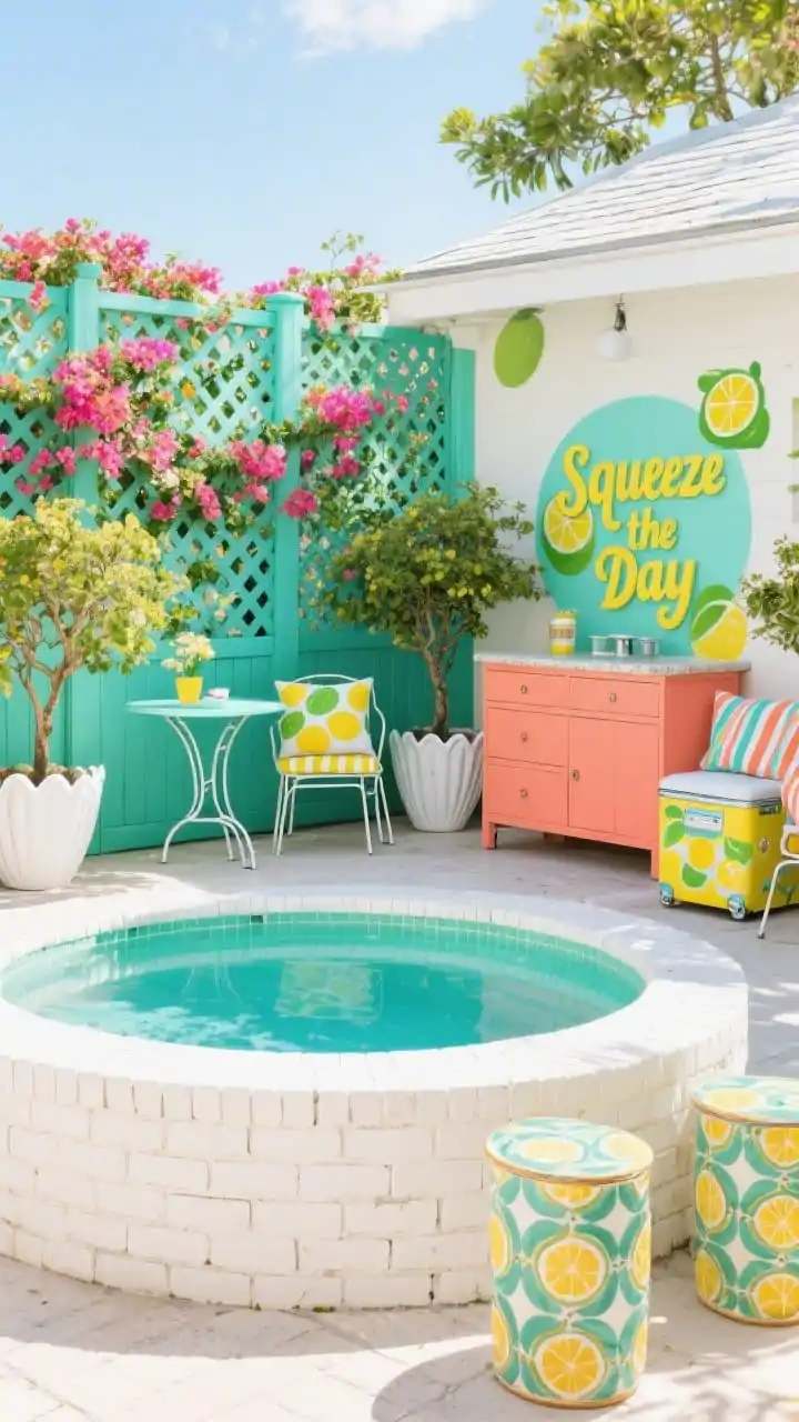 Photorealistic bright medium shot of a Key West Citrus garden: small round pool trimmed in white brick; mint-painted lattice fence covered in bougainvillea; bold color pops of lemon, lime, coral, and aqua throughout; bright metal café chairs, a coral sideboard-turned-bar, and patterned ceramic stools; citrus trees in white scalloped pots; citrus-print pillows and striped towels; a retro cooler and a cheerful painted “Squeeze the Day” sign; lively midday sunshine, playful and fresh.