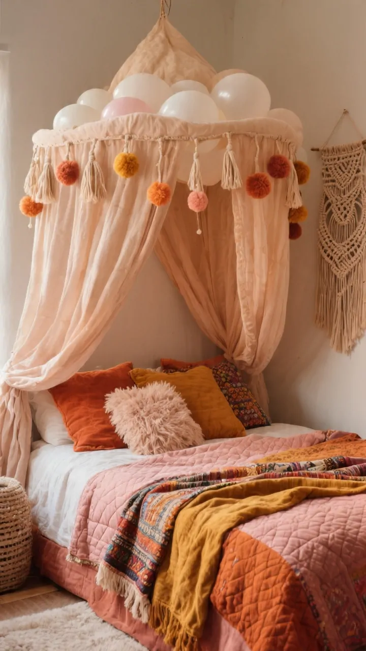 Photorealistic closeup detail of a boho balloon canopy: high-gathered, cloudlike canopy falling in soft drapes, trimmed with tassels and playful pom-poms; warm palette of terracotta, blush, and mustard textiles layered below quilted coverlet, kantha throw, shag cushion; a small macramé wall hanging peeking in background; tactile textures emphasized with soft diffused light; intimate crop, no people, cozy maximalist vibe