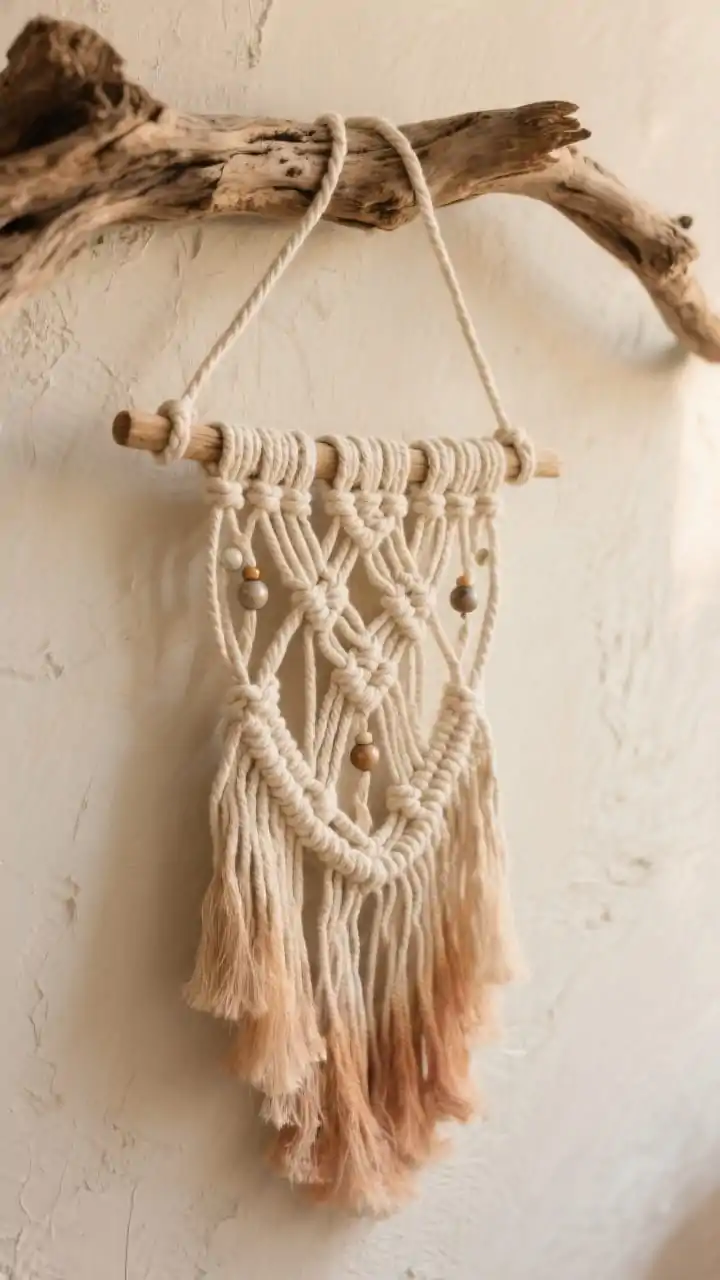 Photorealistic closeup detail of a boho macramé wall hanging anchored to a gnarly driftwood branch with knots, twists, and curves; focus on crisp lark’s head and square knots in creamy cotton cords of mixed thickness; subtle bead accents threaded along a few strands; lower fringe shows a soft tea-dyed ombré fade; shot straight-on against a warm off-white plaster wall with diffused daylight highlighting texture.