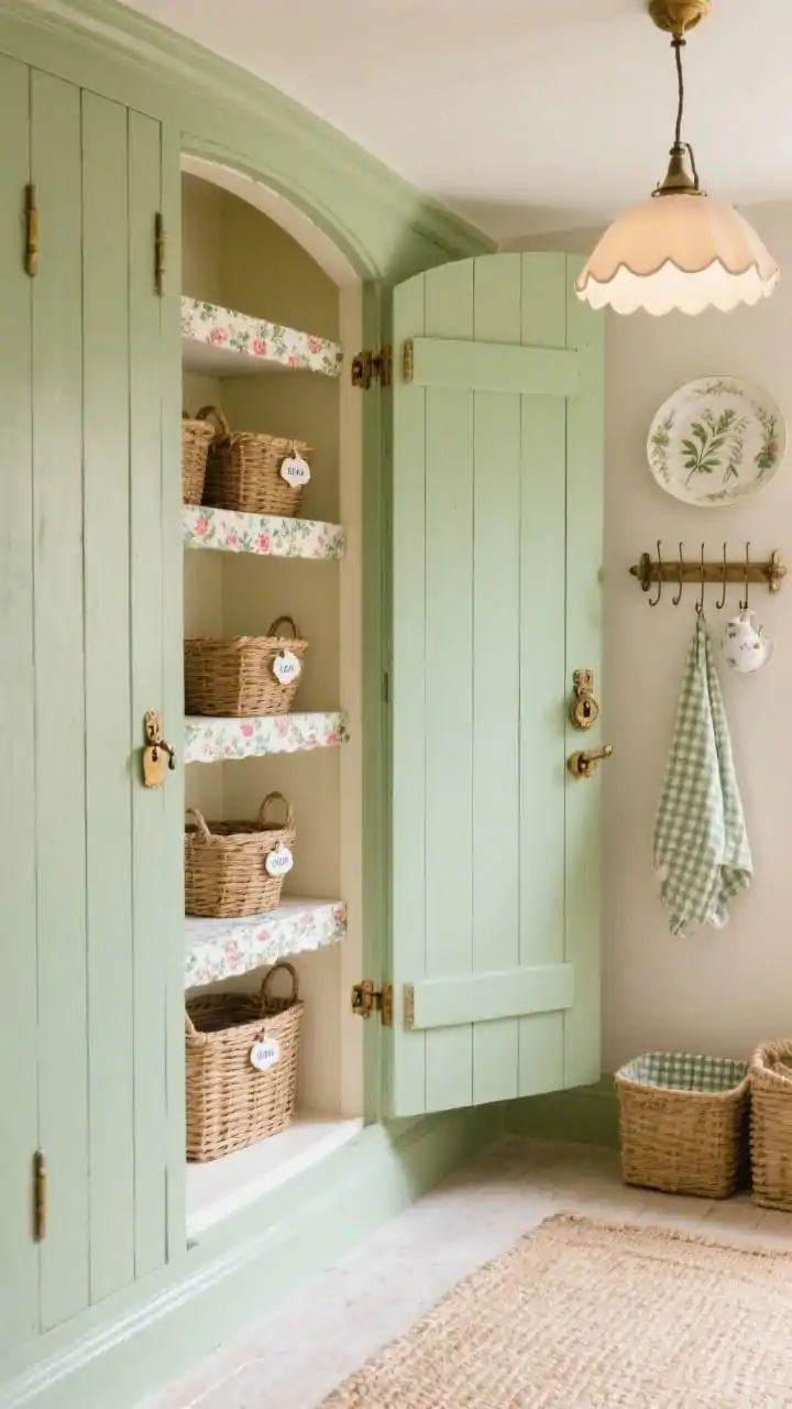 Photorealistic closeup detail of a cottage-core curved corner pantry: sage-green beadboard curved doors with antique brass latches partially open to reveal buttercream-painted shelves, floral shelf paper edges, and wicker baskets labeled with tiny porcelain tags. Include a glimpse of a wall-mounted plate rack and vintage botanical prints, a scalloped pendant casting gentle warm light, a pale jute rug beneath, and a gingham tea towel on a hook. Soft, whimsical mood; angled close shot emphasizing textures.