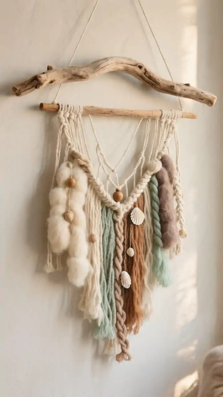 Photorealistic closeup/detail of a driftwood and fiber tapestry wall hanging: a single striking, curved driftwood branch as the top bar with mixed fibers cascading slim macramé cord, chunky wool roving, and a few braided strands; ends cut into a soft V and staggered lengths for movement; tiny shells and wooden beads added sparingly; palette of cream, taupe, clay, and a whisper of muted sea-glass green; soft, diffused warm lighting for a cozy, boho-luxe feel; background a smooth bone wall.