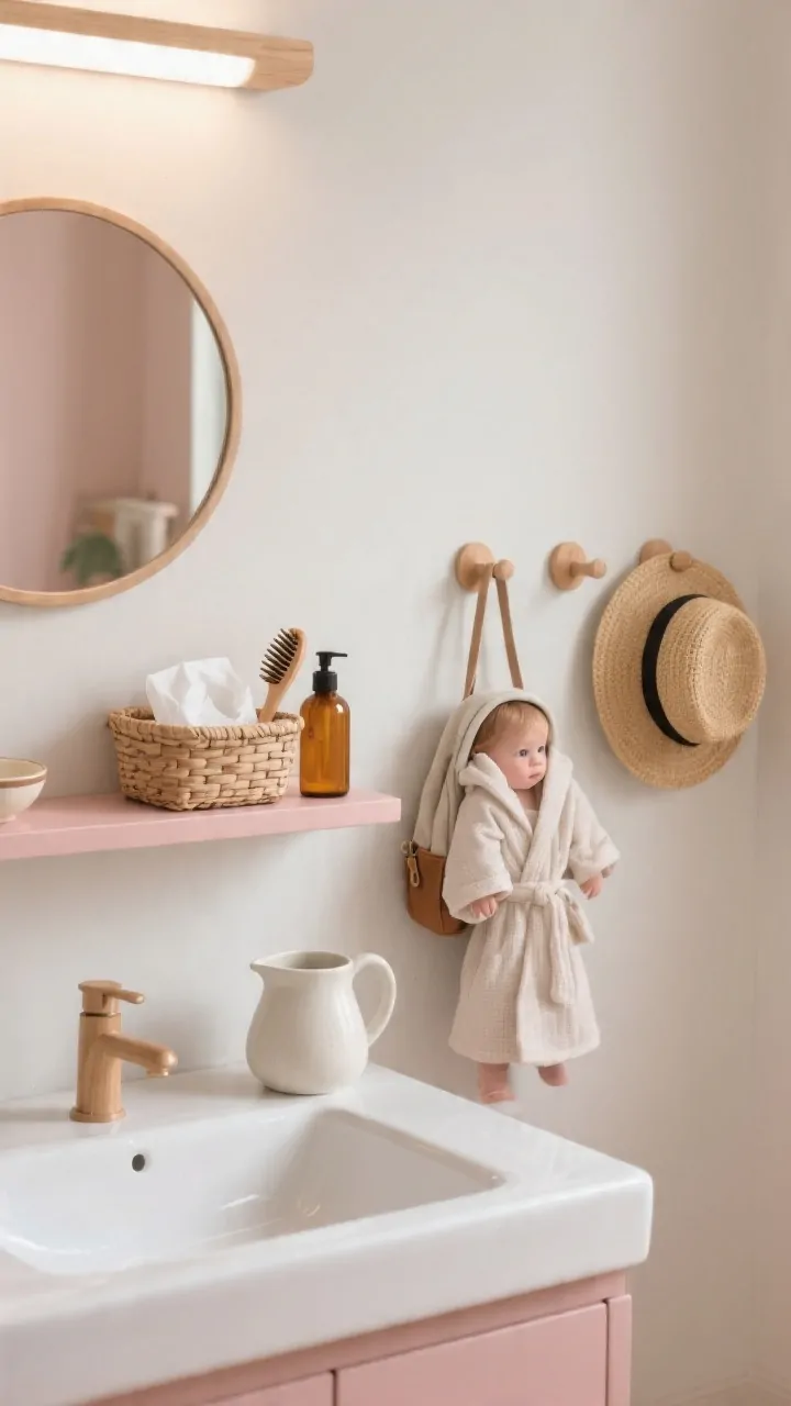 Photorealistic closeup detail of a Montessori self-care station: child-height mirror mounted above a low shelf, small basket neatly arranged with a wooden hairbrush, tissues, and a gentle amber spray bottle, a porcelain pitcher and bowl handwashing setup on the shelf, wall hooks at toddler shoulder height holding a tiny robe, backpack, and sun hat, natural textures (cotton, wood), clean neutral tones with soft clay-pink accent, bright but soft sink-side lighting