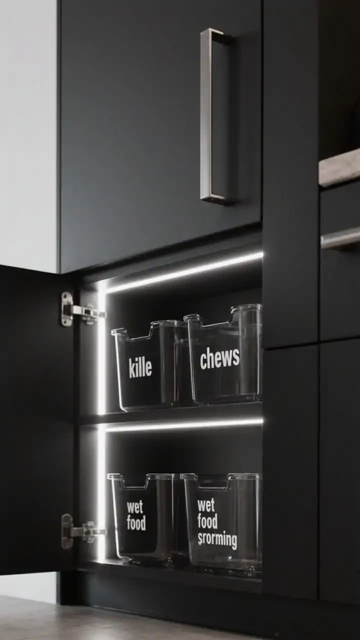 Photorealistic closeup detail of a sleek urban pull-out pantry tower: matte black cabinet front with slimline aluminum handle, partially extended to reveal smoked acrylic bins seated in interior channels. Bold white block-text labels on each bin reading kibble, chews, wet food, grooming; cool white LED strip lighting glowing along the interior edges for visibility. High-contrast, city-slick aesthetic with black, smoked gray, and brushed aluminum tones, shot straight-on to emphasize precision.