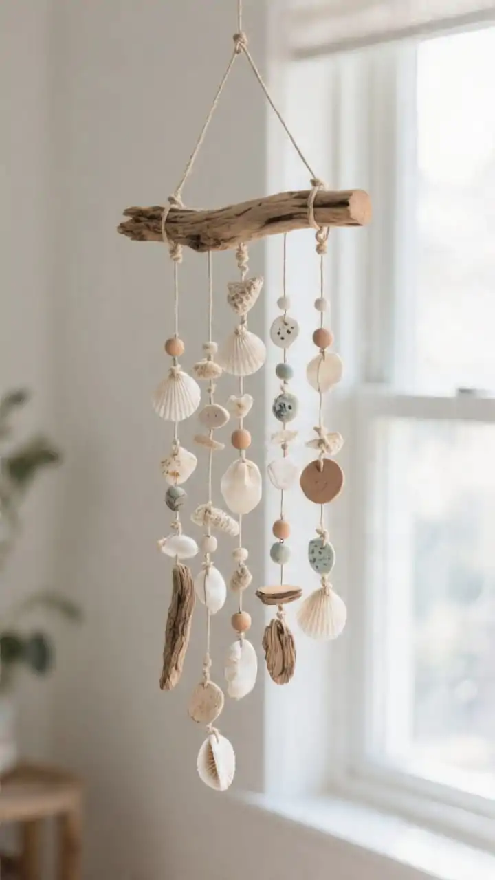 Photorealistic closeup detail of an indoor driftwood wind chime: a medium driftwood top bar with two balanced hanging points; multiple strands of shells, small ceramic pieces, driftwood slices, and clay beads tied with knots for spacing; pieces arranged so they barely touch, suggesting a soft tick; neutral tones with milky whites and sandy wood; placed near a bright window, gentle backlight and faint reflections.