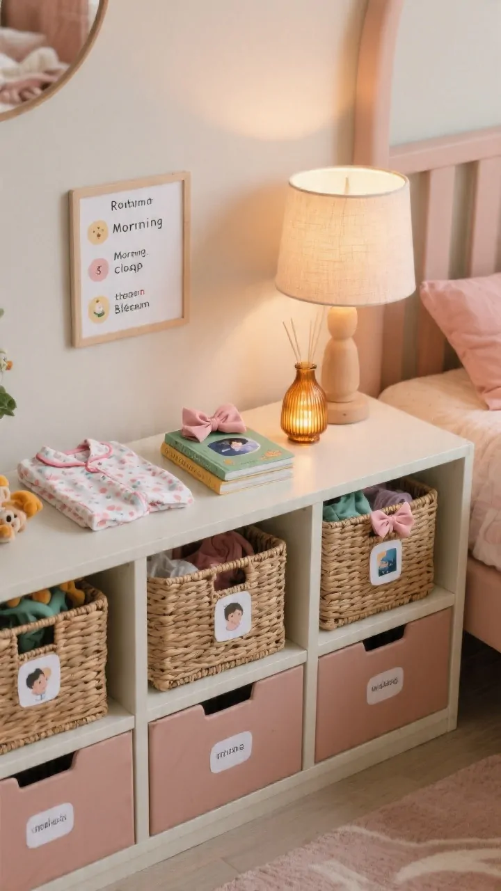 Photorealistic closeup detail of labeled organization and routines: woven baskets and drawers with photo or icon labels for toys and clothing, a small visual routine chart (morning, cleanup, bedtime) displayed at child height, two to three choice items set out (two pajama sets, two bedtime books, two hair bows), a gentle amber-glass diffuser glowing softly as a calm cue, neutral palette with clay-pink and sage accents, warm evening lamp light for a soothing end-of-day mood