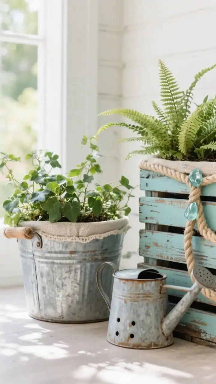 Photorealistic closeup detail of whimsical upcycled planters grouped as a vignette: a vintage galvanized tub, a weathered wooden crate (sealed), and an old watering can, each drilled for drainage and lined with landscape fabric; coastal-boho accents like nautical rope handles and sea-glass tones lightly referenced through painted details; planted simply with green-forward ivy and ferns to let containers star; textured surfaces and patina emphasized; soft dappled daylight, shallow depth of field