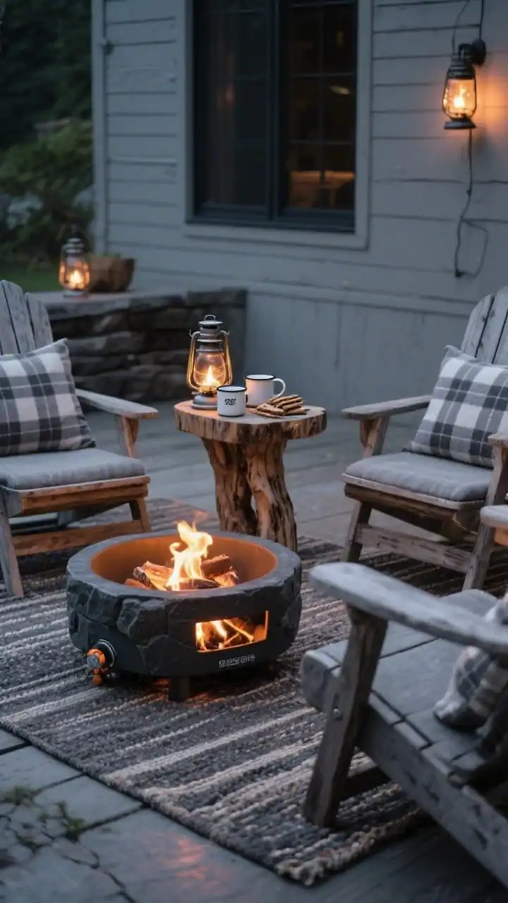 Photorealistic closeup detail, rustic fireside: a compact propane fire bowl with gentle flames reflecting in a heat-resistant outdoor rug; edges of two Adirondack-style folding chairs with gray plaid cushions partially visible; a narrow log-style side table holding enamel mugs and s’mores fixings; weathered finishes in driftwood, slate, and charcoal with soft gray accents; cool evening ambiance illuminated by lantern stakes and firelight; low, intimate angle focused on textures of wood grain, plaid fabric, and stone-like fire bowl, no people.