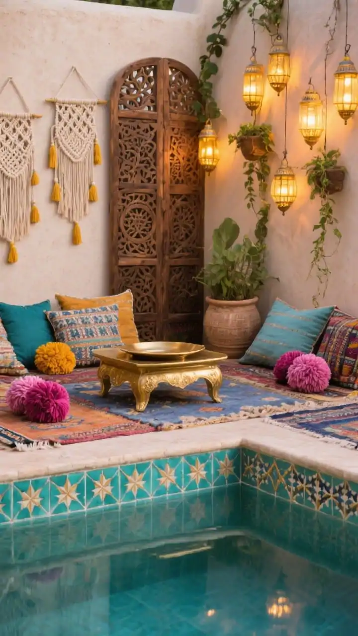 Photorealistic closeup detail shot capturing boho Moroccan escape textures: the pool’s waterline tiled in Moroccan zellige with star-and-cross motifs in turquoise, saffron, fuchsia, and indigo. Layered outdoor rugs meet the coping; pom-pom pillows spill onto floor cushions around a low brass tray table. A carved wood screen leans against a stucco wall; macramé planters with trailing vines hang nearby. Warm bistro lights and clustered lanterns create a golden nighttime glow. Materials: glazed tile, carved wood, brass, tassels.