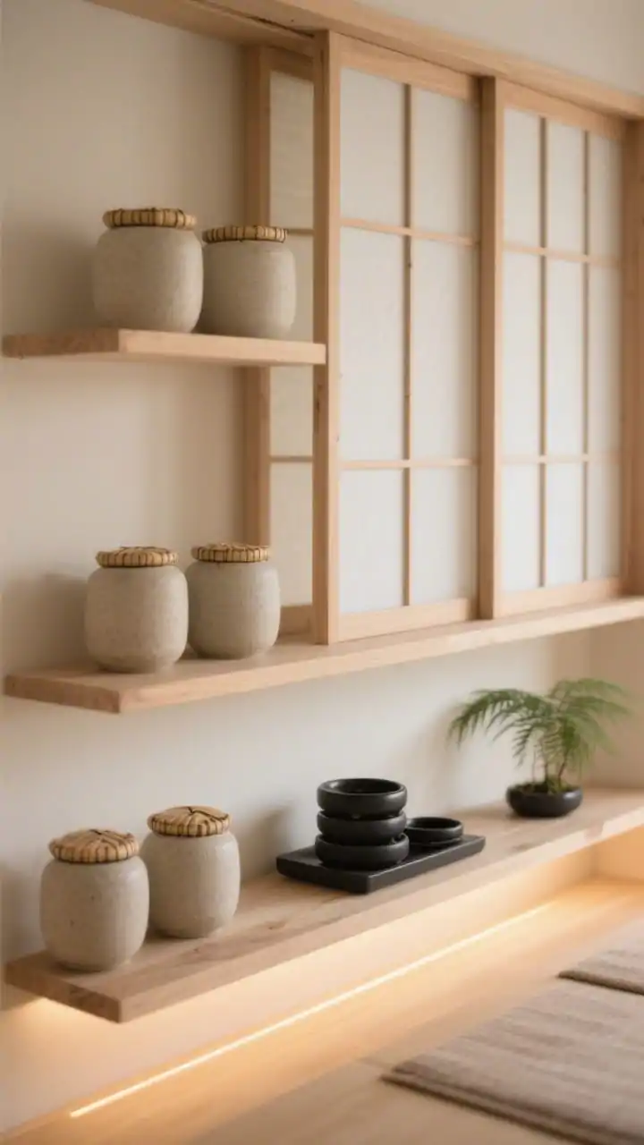 Photorealistic closeup detail shot capturing Japandi calm: sliding shoji-style screens with pale maple frames and translucent panels slightly open to reveal straight-grain oak shelves with softly rounded edges; stoneware canisters with bamboo lids neatly arranged, blackened ash trays stacked, a single small potted fern on the bottom shelf; warm LED strip lighting glowing softly; color palette of oat, cream, warm wood; clutter-free mood.