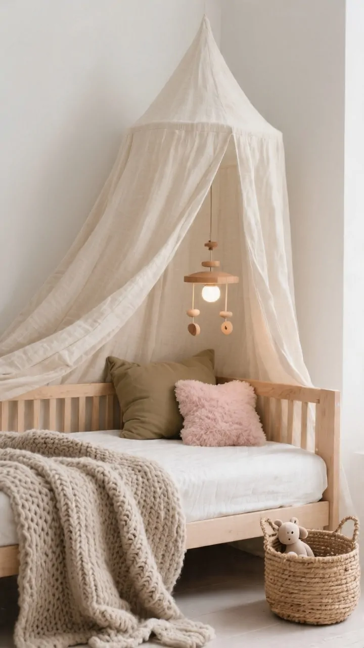 Photorealistic closeup detail shot emphasizing Scandinavian calm: lightly textured oatmeal linen canopy draping over a natural wood toddler bed; warm neutral palette of ecru, khaki, and taupe with a subtle blush accent; texture trio visible in frame chunky knit throw, sherpa pillow, and a woven toy basket beside the bed; a simple wood mobile and low nightlight softly illuminating the textures; clean, minimalist styling, serene mood, no people