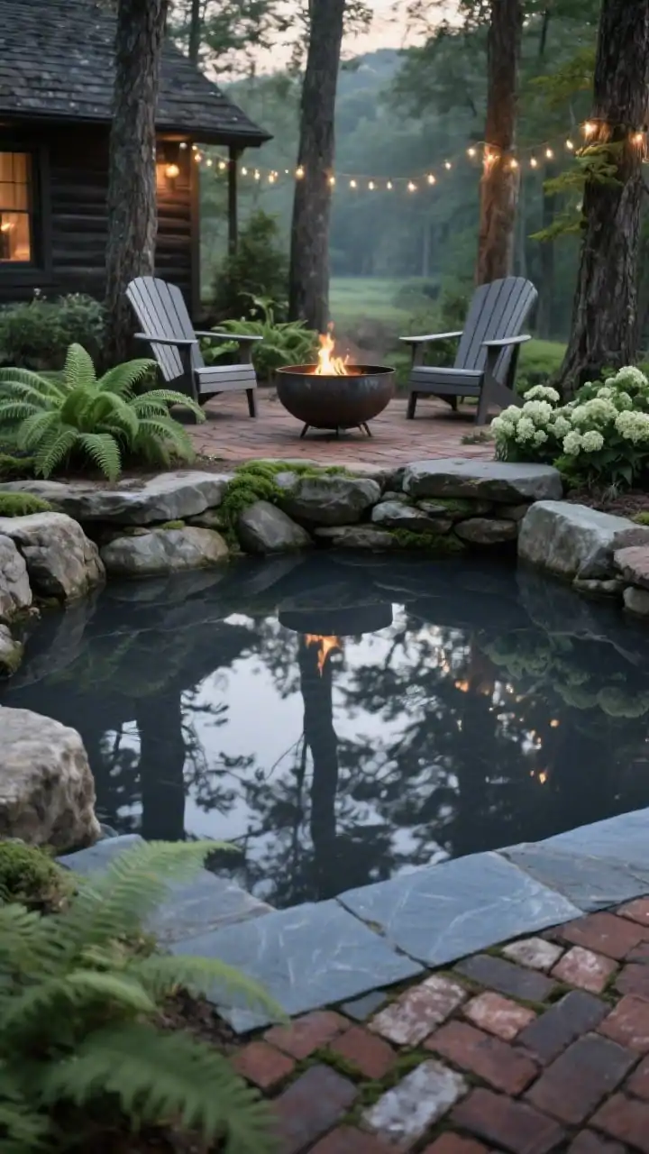 Photorealistic closeup/detail shot focusing on textures of a rustic cabin dip: deep graphite-finished gunite water surface reflecting trees, hugged by stacked fieldstone as if nested into terrain. Foreground includes thermal bluestone coping edge meeting reclaimed brick pavers in a herringbone pattern. In soft background bokeh, Adirondack chairs around a low steel fire bowl, string lights trailing between trunks, and plantings of ferns, hosta, and hydrangea. Palette: charcoal, moss, fern green, warm brick. Moody, woodland ambiance at early evening.