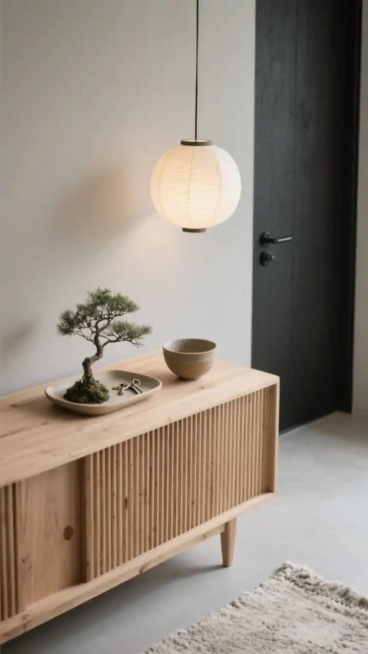 Photorealistic closeup/detail shot from a slightly overhead perspective focusing on Japandi calm: top of a low-profile slatted wood cabinet in pale oak on greige walls; shallow ceramic tray with neatly placed keys, a small bonsai or leafy branch, and a single hand-thrown bowl; soft, diffused illumination from an out-of-frame paper lantern pendant; neutral wool rug edge visible below; brushed black minimalist door hardware in background; serene, balanced textures in natural wood, stoneware, and paper; no people.
