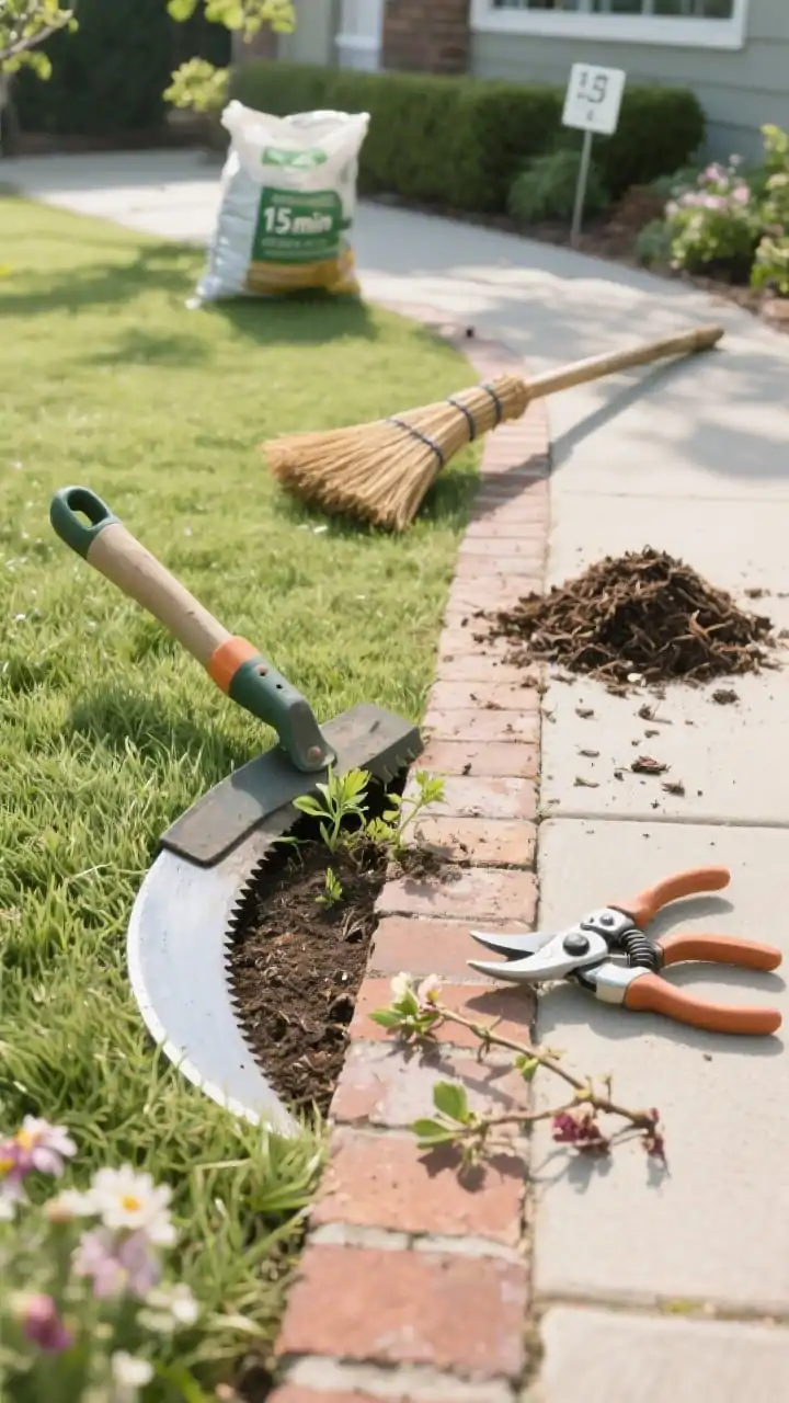 Photorealistic closeup/detail shot illustrating the 15-minute maintenance routine: a half-moon edger resting beside a freshly defined lawn edge, a small hand weeder next to a just-pulled tiny weed on a path, a broom and pile of swept debris at the edge of a brick walkway, and a pair of pruners with a few clipped, spent blooms nearby. Seasonal cue hints (bag of mulch in spring or raised mower height tag in summer) subtly placed in background. Bright, natural daylight, top-down angle for clarity and tidy order.