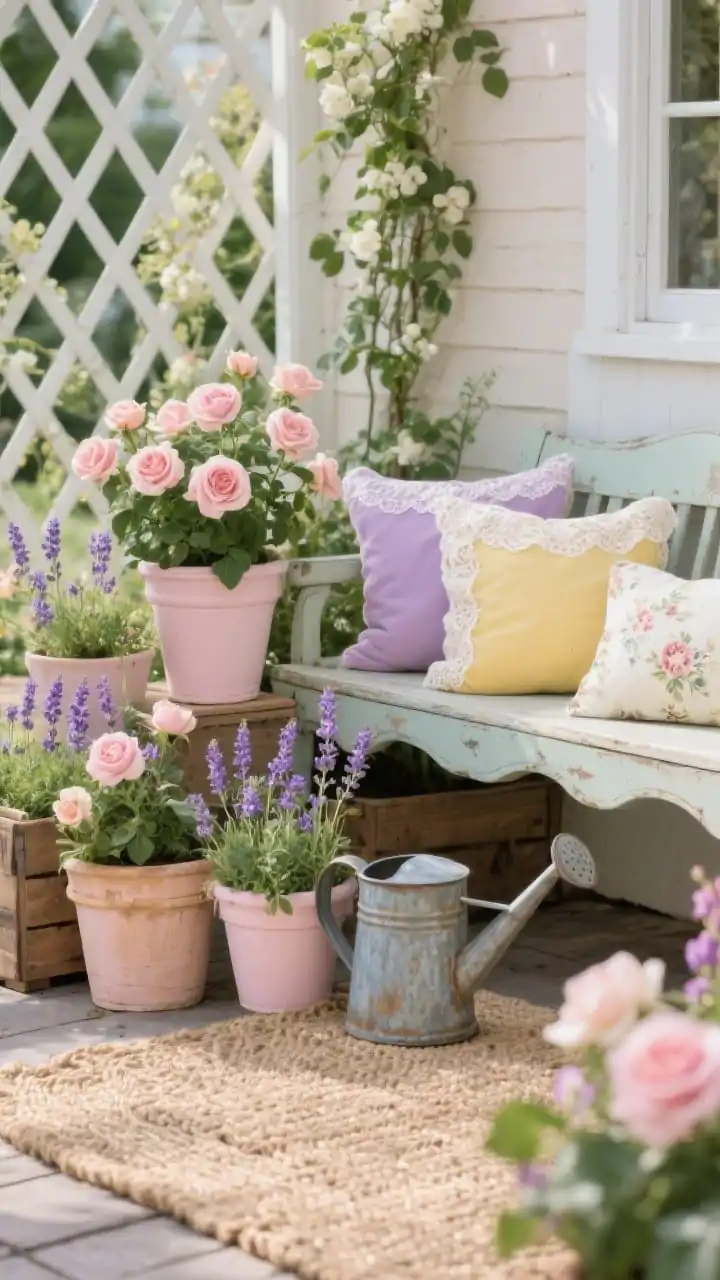 Photorealistic closeup detail shot of a cottage-inspired bloomscape: pastel planters clustered with English roses (compact varieties), lavender, and sweet peas climbing a white trellis in the background; soft colors of blush pink, lilac, butter yellow, and creamy white; vintage floral prints hinted on lace-trim outdoor cushions resting on an antique-style bench edge; wooden crates repurposed as planters and a patinaed metal watering can adding texture; a woven jute rug peeking beneath; shallow depth of field, warm daylight, romantic mood.