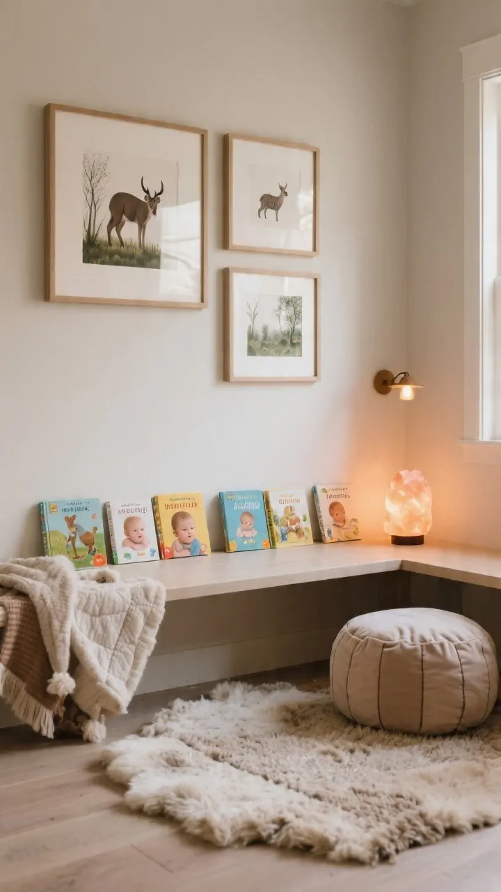 Photorealistic closeup/detail shot of a low art + book nook: front-facing book ledges displaying 8–10 board books with visible covers; adjacent low art frames hung at baby’s eye level featuring calm, realistic imagery of animals and nature; layered textiles on the floor a sheepskin-style rug or quilt with a soft floor cushion and a small pouf providing back support; warm, dimmable wall sconce or salt lamp casting a cozy glow for wind-down time; neutral base with gentle earthy hues; focus on textures of the rug and cushion, with bokeh on the softly lit frames; angled side perspective.