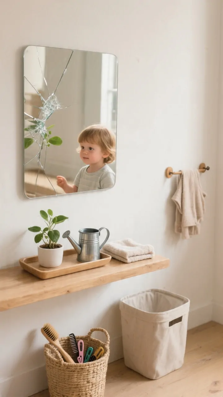 Photorealistic closeup detail shot of a practical life corner: a shatterproof mirror mounted at toddler height reflecting a tidy tray with a small plant, a child-sized metal watering can, and a folded microfiber cloth. Nearby, a small basket holds a brush and a few hair clips; a low hamper and a single hook with tomorrow’s outfit visible at frame edge. Natural wood shelf, warm white wall, soft daylight highlighting real-life task textures gloss of mirror, matte cloth, leaves of the plant emphasizing independence and coordination.