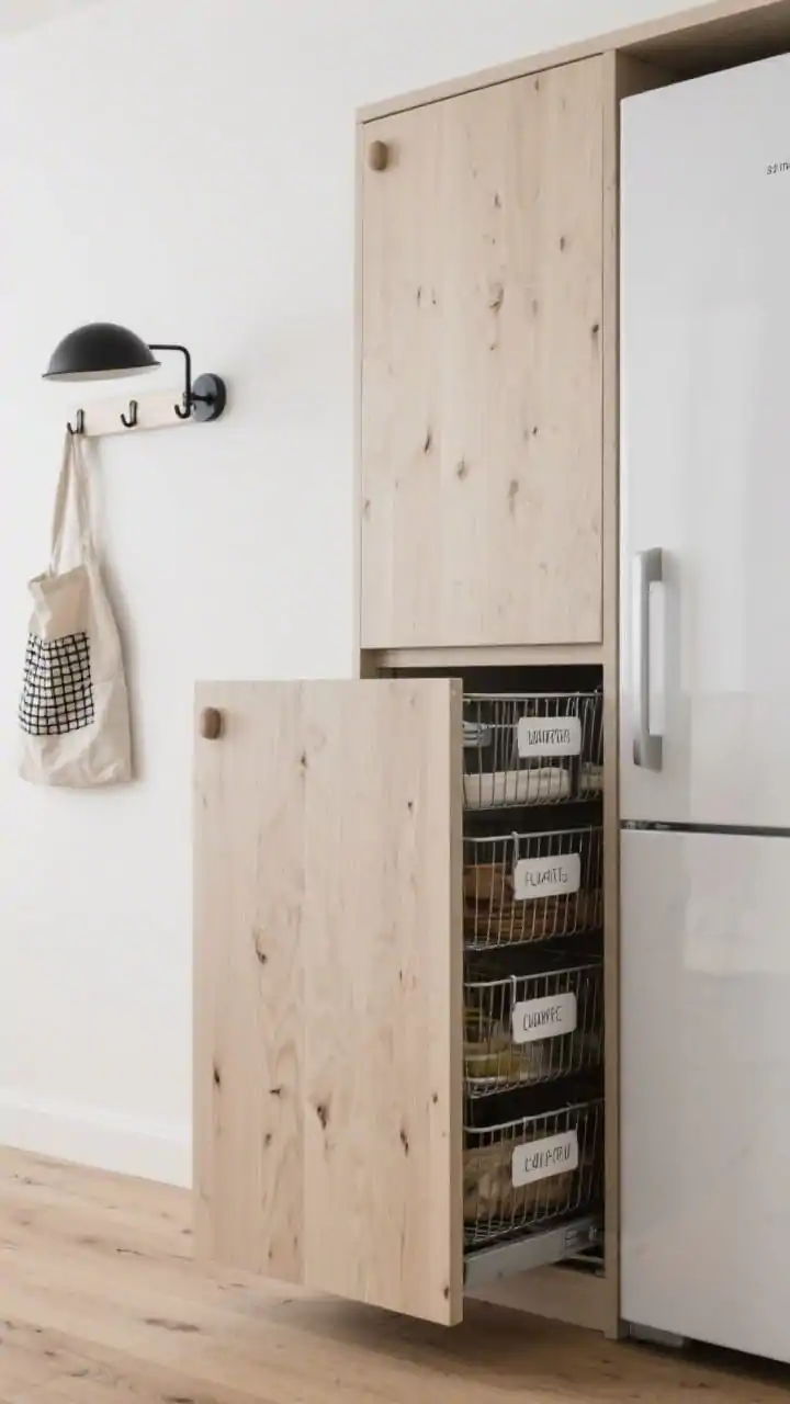 Photorealistic closeup detail shot of a Scandinavian pull-out pantry tower beside a fridge: pale ash wood front with discreet finger pulls extended to reveal full-height metal baskets neatly organized and labeled with minimalist vinyl text; background hints of white walls, light oak floors, matte black task lighting; on the opposite wall, a simple rail with Scandi peg hooks holding a linen apron and market tote; serene, minimal palette.