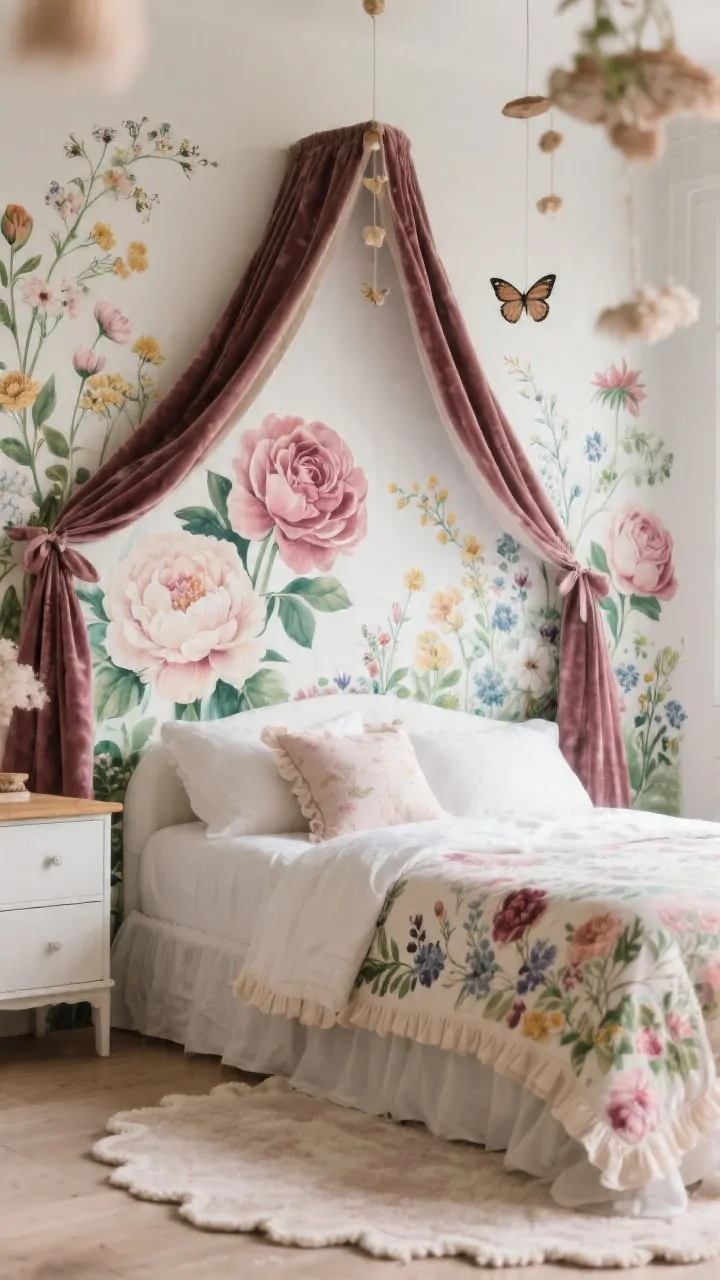 Photorealistic closeup detail shot of a storybook garden canopy vignette: oversized floral wall decals (two to three large peonies/roses/wildflowers) forming a mural behind the bed; simple canopy with velvet ribbon ties in coordinating floral colors; bedding echoing the decal palette; a scalloped rug edge and ruffled pillowcase corner in frame; delicate butterfly mobile hanging slightly out of focus above; clean white dresser and natural wood accent peeking softly in the background; soft morning light highlighting textures and the velvet sheen, shallow depth of field for an intimate, boutique look.