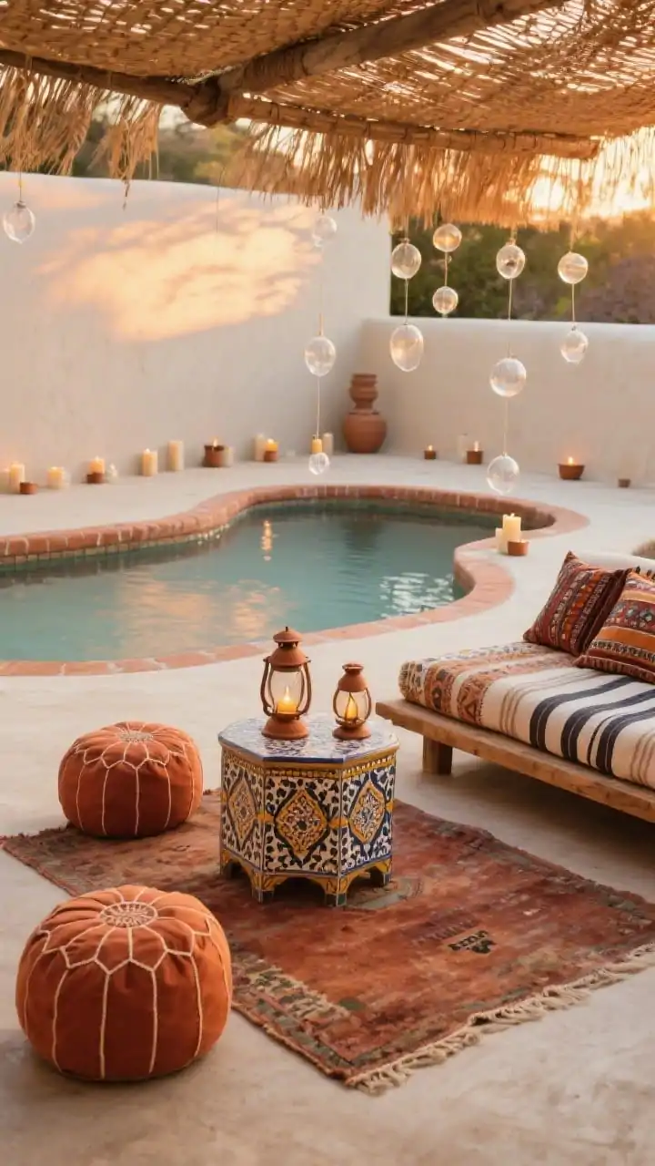 Photorealistic closeup/detail shot of Boho Baja textures near a petite freeform pool: terra cotta coping beside a cream-tinted microcement patio, with kilim pillows, terracotta-hued poufs, and a faded rust outdoor rug layered together; edge of a low teak platform daybed with striped throws; hand-painted Talavera side table holding clay lanterns; woven reed canopy above casting dappled patterns; warm sunset light glinting on glass floats strung over the water and candles tucked in clay votives along the coping; intimate, glowing mood.
