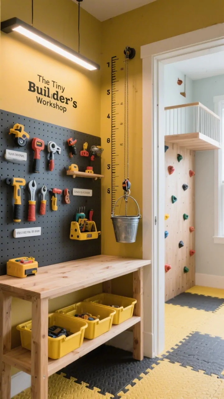 Photorealistic closeup detail shot of “The Tiny Builder’s Workshop” interior: kid-height workbench with pegboard wall holding pretend tools, a magnetic strip for toy tools, and labeled plastic totes on a low shelf. Visible measuring tape decal running up a post; a small pulley with a bucket for hoisting lightweight items. To the side, a glimpse of the short climbing wall leading to a narrow observation perch with a simple rail. Flooring of interlocking foam tiles. Color palette: charcoal, mustard, and natural wood. Bright, practical task lighting, clean and organized, no people.