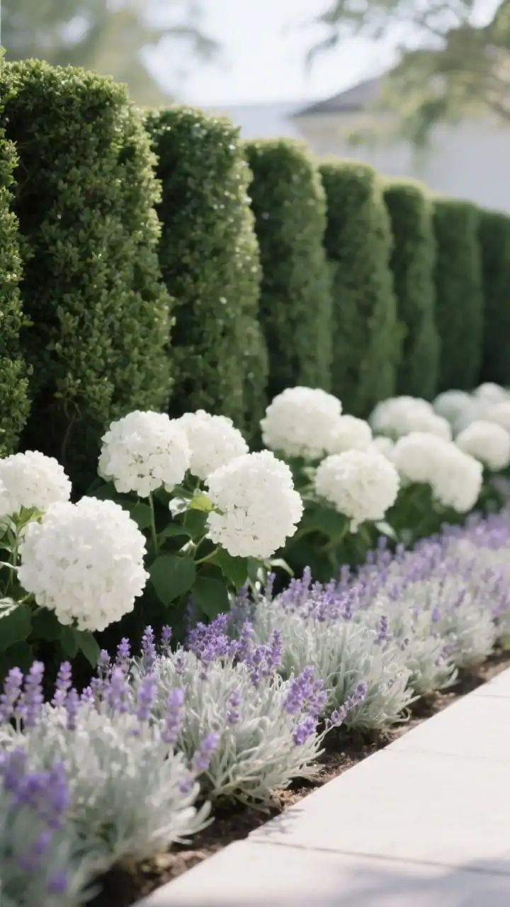 Photorealistic closeup/detail shot showcasing a simple, repeating plant palette: boxwood hedge in the background, white hydrangea blooms in mid-ground, and a foreground drift of lavender with silvery-green foliage. Repetition visible in the rhythm of plants, limited to white and soft purple bloom colors. Natural daylight with gentle breeze implied by soft bloom positioning; shallow depth of field to emphasize the restrained, cohesive scheme.