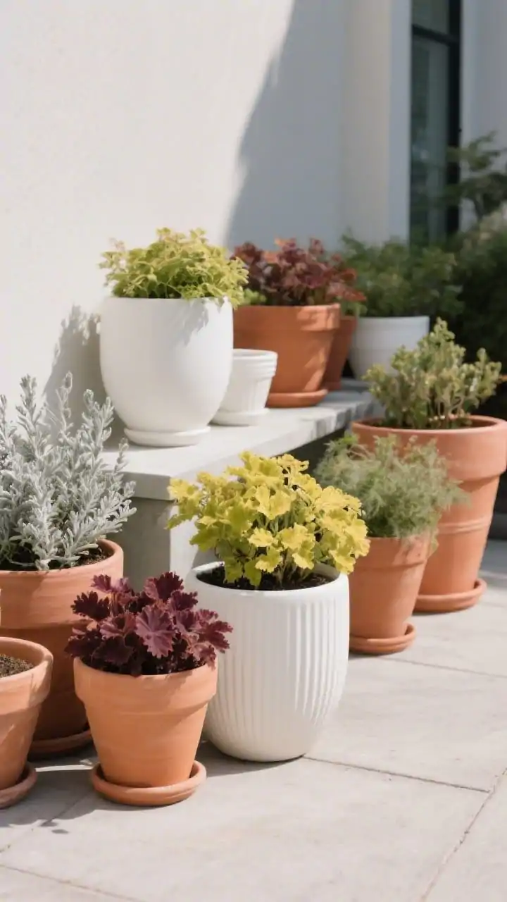 Photorealistic closeup/medium hybrid of a color-blocked pot collection on a patio: only white and terracotta planters in view, varied finishes matte, glazed, ribbed, smooth grouped into zones with warmer terracotta in sun and white pots in partial shade; foliage-forward accents for depth: silver artemisia, chartreuse coleus, and burgundy heuchera; one standout plant type subtly repeated across multiple pots for cohesion; overcast light for even color, straight-on angle focusing on textures and palette consistency