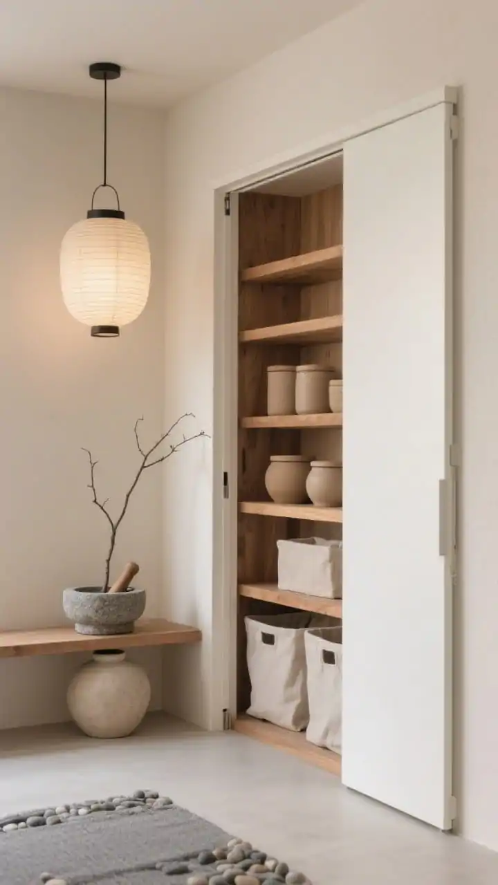 Photorealistic closeup/medium hybrid of a minimal Japandi corner: flush white oak pocket doors partially retracted into the wall, revealing serene interior with natural wood shelves, linen bins, and matte stoneware canisters in warm neutrals. Clay-beige backdrop, soft ambient light from a paper rice lantern above. A stone mortar and pestle on the shelf, a single branch in a ceramic vase, pebble-gray runner on the floor. Clean, uncluttered composition; straight-on minimalist framing.