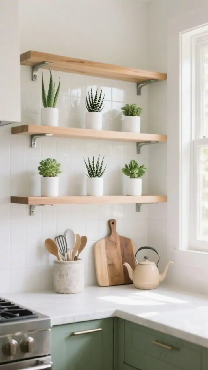 Photorealistic closeup/medium hybrid, straight-on of a sunlit kitchen backsplash with thin oak floating shelves arranged in a precise grid. On each shelf sit petite matching white cylinder planters: one row with aloe, one with zebra haworthia, one with mini jade crisp repetition and symmetry. Below, pale counters kept clear except a pale stone utensil crock, a wooden cutting board, and a sand-colored kettle. East-facing morning light creates gentle highlights; color story is white, light oak, brushed steel, and soft sage greens.
