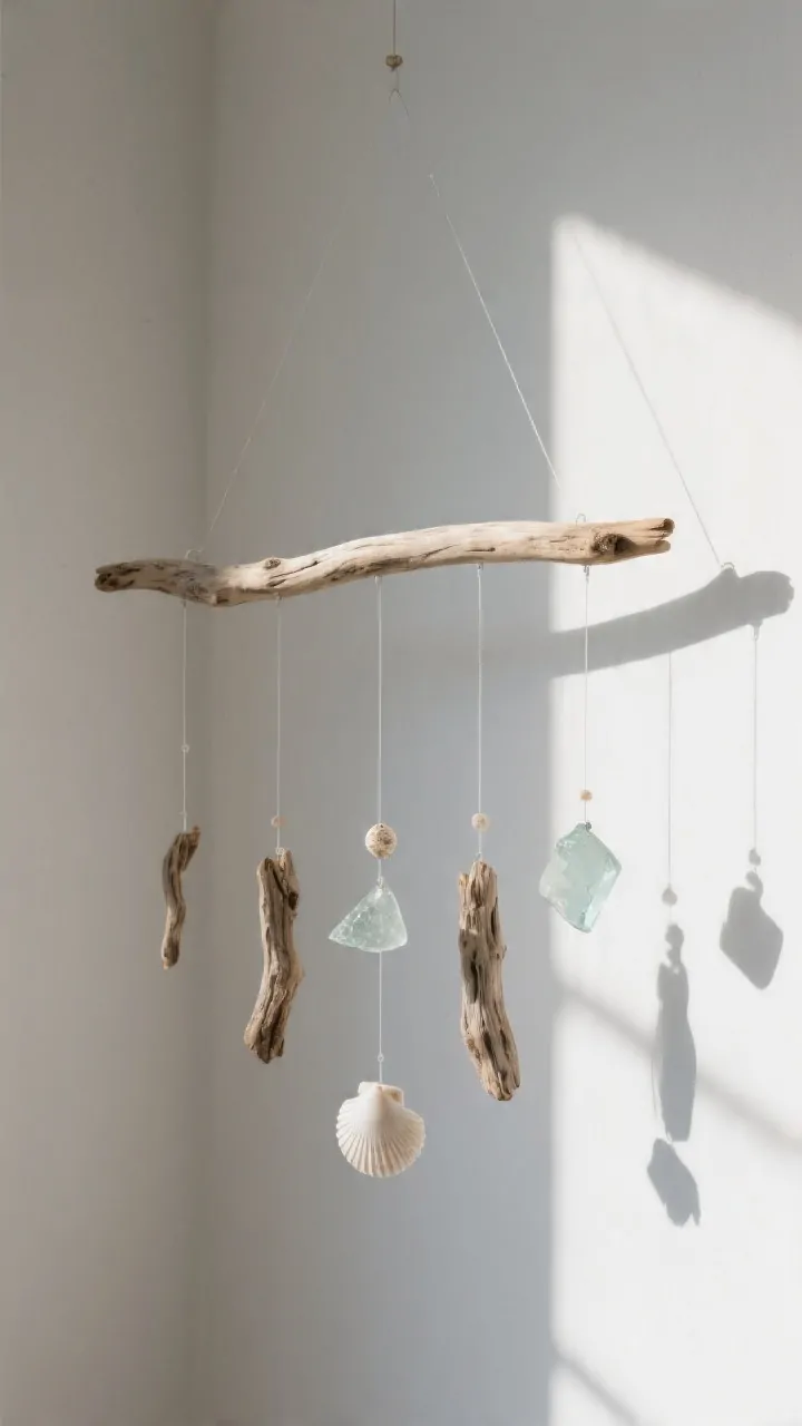 Photorealistic closeup of a minimalist driftwood mobile floating against a white wall, softly backlit so the pieces cast delicate shadows; one long, straight sun-bleached driftwood branch (12–24 inches) balanced horizontally with 5 varying-length dangles made of smaller driftwood, sea glass, and shells suspended on nearly invisible clear fishing line for a “floating” effect; negative space emphasized, airy, zen mood, gentle movement implied; shot straight-on at eye level with shallow depth of field highlighting textures of weathered wood and translucent sea glass