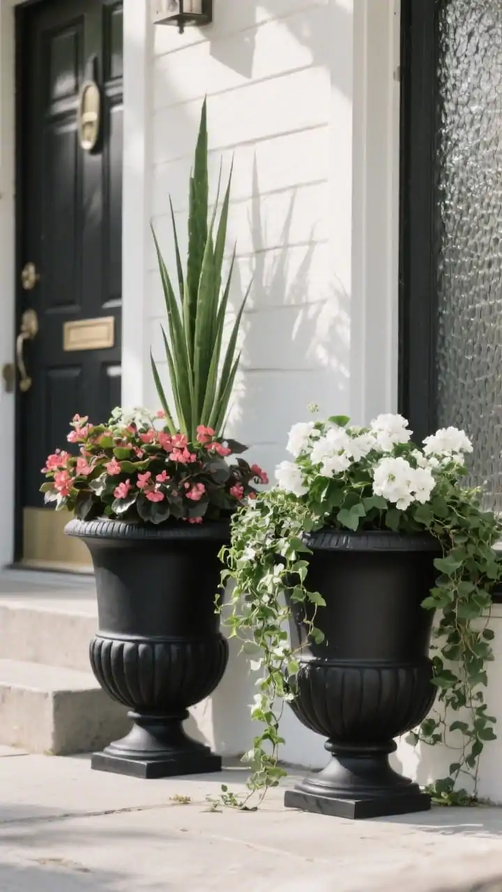 Photorealistic closeup of upgraded entry planters flanking a front door: two oversized matching urn-style pots spray-painted flat black for a designer look. Each planter styled “thriller, filler, spiller”: tall spike dracaena in the center, lush begonias as fillers, and trailing ivy spilling over the rim. Tight color palette of white and green blooms/leaves for a chic vibe. Straight-on view at planter level, soft even daylight, subtle shadows on the textured door and stoop, no people.