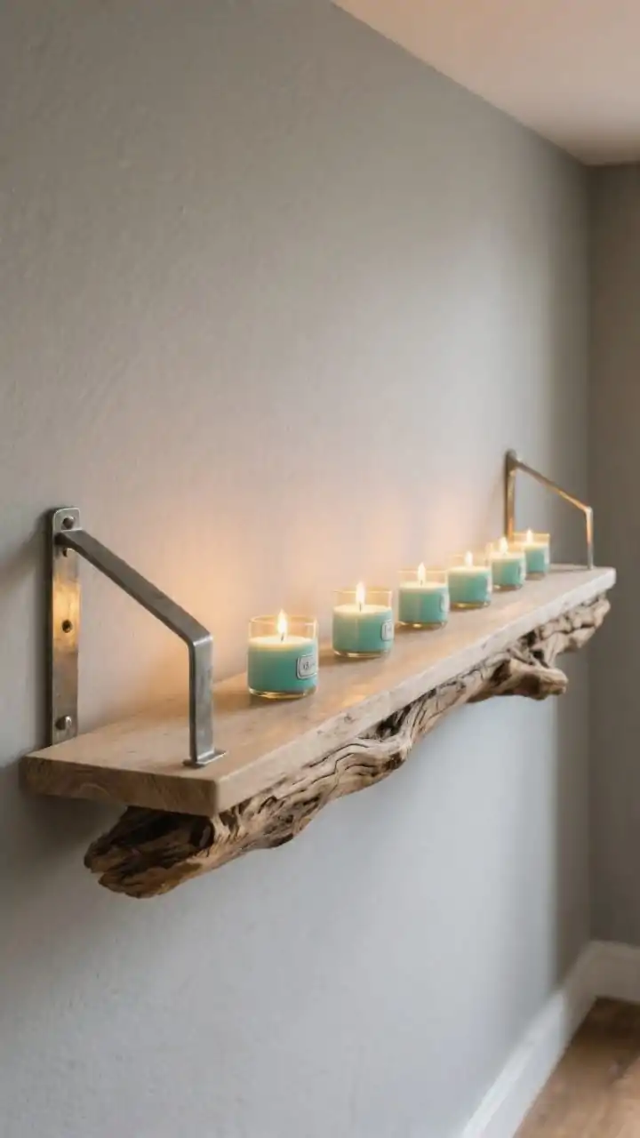 Photorealistic closeup side angle of a shallow driftwood candle ledge mounted on a light gray wall; top surface lightly sanded flat; supported by two brushed-metal L-brackets; a row of warm-glow flameless LED tealights and two rechargeable LED votives create cozy mood lighting; safe clearance from wall and ceiling visible; dim ambient light with golden highlights on the driftwood grain.