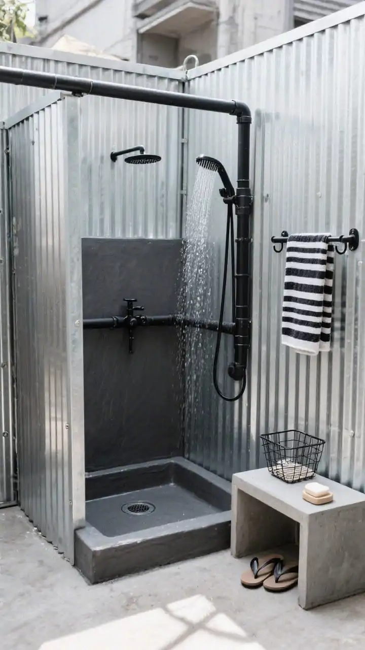 Photorealistic corner-angle medium shot of an industrial outdoor shower: L-shaped stall clad in corrugated galvanized metal panels with crisp silvery reflections; black exposed-pipe shower set creating a utilitarian edge; charcoal microcement shower pan with a discrete round drain; compact concrete side table with soap, wire basket for flip-flops, enamel hook rail holding a striped black-and-white towel; cool, even daylight evoking an urban campsite, palette of galvanized silver, charcoal, and black