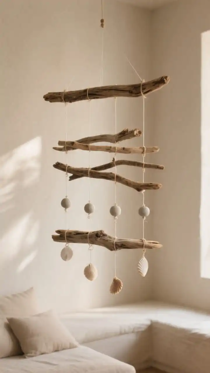 Photorealistic corner-angle shot of a serene hanging driftwood mobile in a quiet reading nook; one long horizontal branch at the top with staggered smaller driftwood sticks suspended below by clear fishing line and a few strands of natural twine; tiers carefully balanced so the mobile hangs level; matte ceramic beads and tiny shells punctuating select lines; airy negative space between elements; soft cross-breeze implied with delicate motion blur; warm, tranquil lighting and a sand-colored wall backdrop.