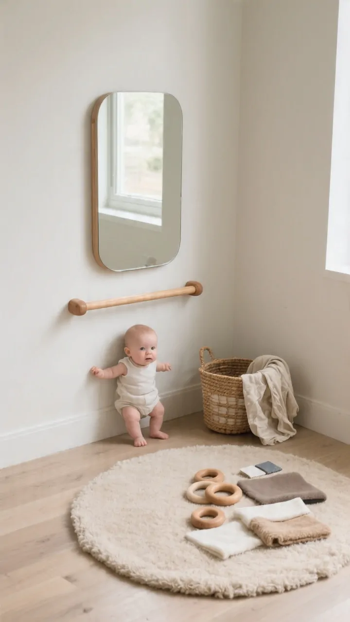 Photorealistic corner medium shot of a calm movement and discovery zone: a securely mounted horizontal floor mirror at baby height; a low wooden pull-up bar fixed to the wall; a thick wool or cotton play mat in mushroom/oat tones on the floor (avoid shiny synthetics); a single sensory basket with wooden rings, fabric swatches, and a crinkly cloth; minimal additional items to keep the corner serene; natural, even daylight; organic textures (wood, wool, cotton) and anchored fixtures for safety; slightly low, corner angle to emphasize the mirror’s reflection and bar height.