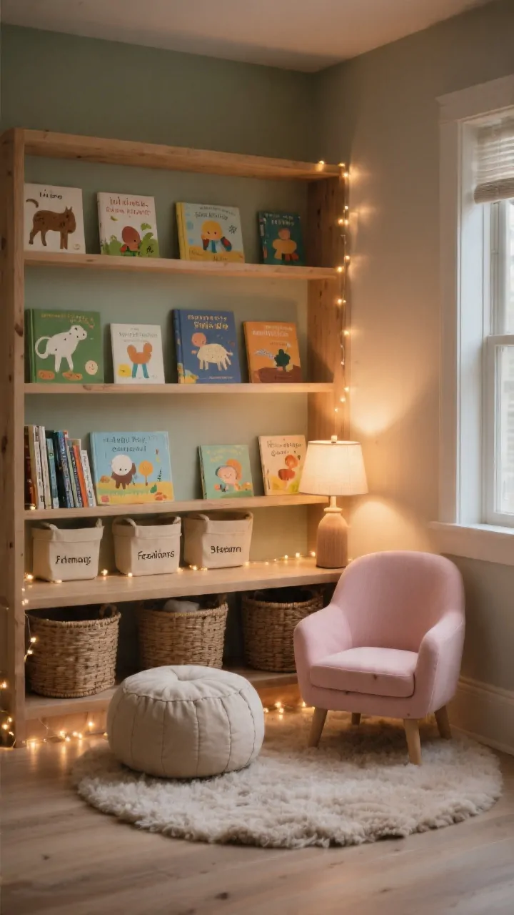 Photorealistic corner medium shot of a cozy reading nook: front-facing bookshelf displaying 8–12 picture books, a round floor cushion and a small blush mini armchair on a soft wool pouf rug, a warm table lamp and subtle twinkle lights creating an inviting glow, baskets labeled for themes (animals, feelings, bedtime), neutral oat and sage palette with warm wood, evening ambient lighting for maximum coziness